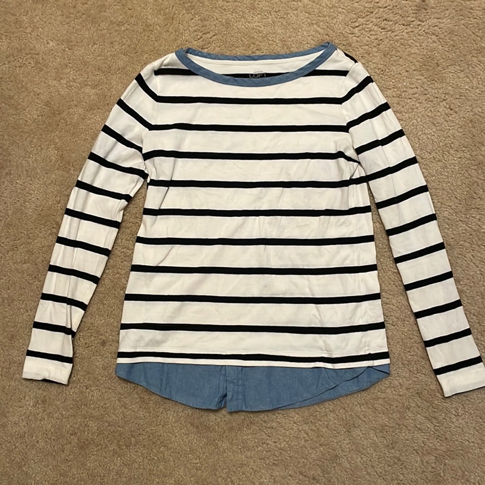 LOFT striped chambray long sleeve top, size small